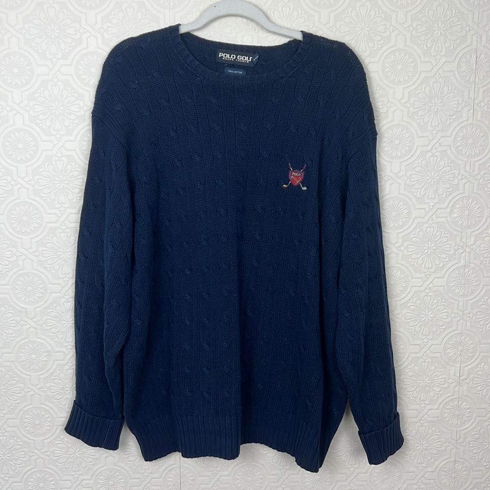 Polo Golf Ralph Lauren Navy Blue Sweater Crew Crewneck Logo Patch Cotton 90s
